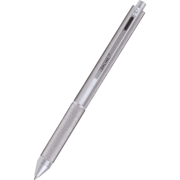 photo-Stylo à bille - 4 en 1 - 3 couleurs + mine graphite - Embout gomme - Argent - Online