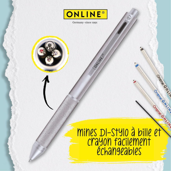 Stylo à bille - 4 en 1 - 3 couleurs + mine graphite - Embout gomme - Argent - Online