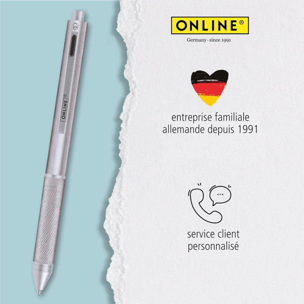 Stylo à bille - 4 en 1 - 3 couleurs + mine graphite - Embout gomme - Argent - Online