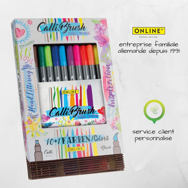 Feutres - Calligraphie - Double pointe - 2mm et pinceau - 11 couleurs - Online