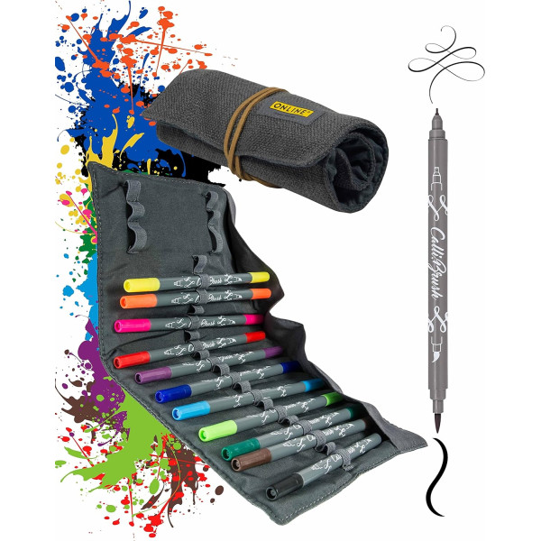 photo-Feutres - Calligraphie - Double pointe - 2mm et pinceau - 11 couleurs - Trousse -Online