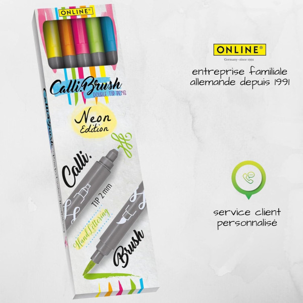 Feutres - Calligraphie - Double pointe - 2mm et pinceau - 5 couleurs néon - Online