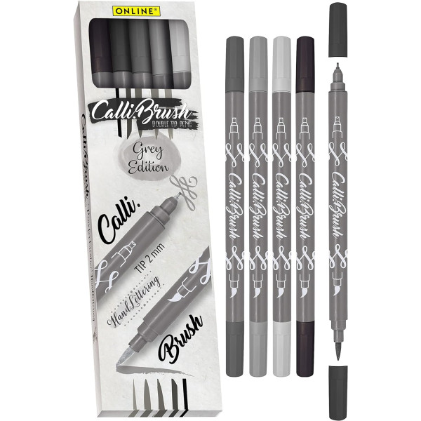 photo-Feutres - Calligraphie - Double pointe - 2mm et pinceau - 5 nuances gris - Online