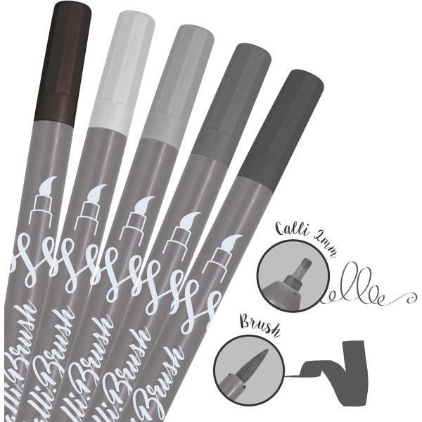 Feutres - Calligraphie - Double pointe - 2mm et pinceau - 5 nuances gris - Online