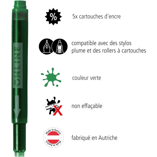 Cartouches d'encre - Vert - Encre non effaçable - Pour stylo plume et roller - 5 grandes cartouches
