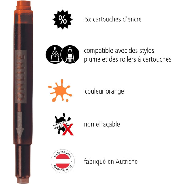 Cartouches d'encre - Orange - Encre non effaçable - Pour stylo plume et roller - 5 grandes cartouches