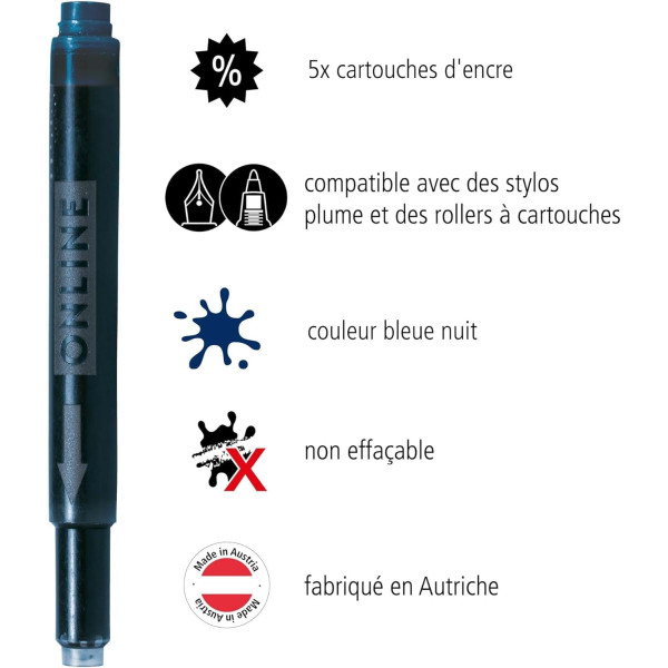 Cartouches d'encre - Bleu nuit - Encre non effaçable - Pour stylo plume et roller - 5 grandes cartouches