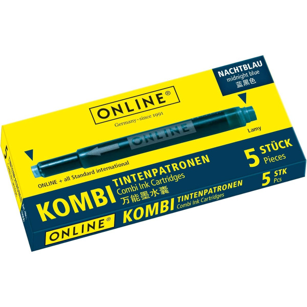 photo - Cartouches d'encre - Bleu nuit - Encre non effaçable - Pour stylo plume et roller - 5 grandes cartouches