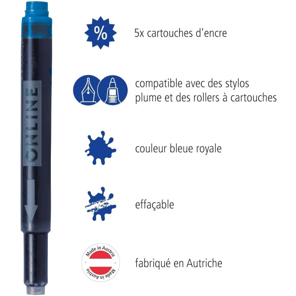 Cartouches d'encre - Bleu - Encre non effaçable - Pour stylo plume et roller - 5 grandes cartouches