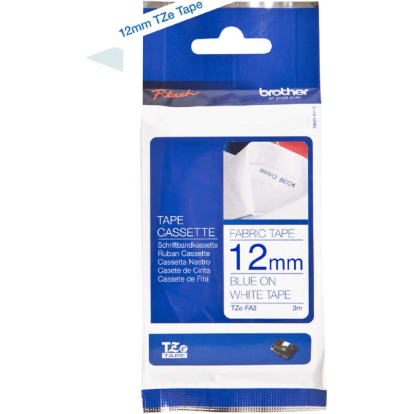 photo-Recharge pour étiqueteuse - Brother - TZe-FA3 - Textile - Fond blanc écriture bleu - 12mm