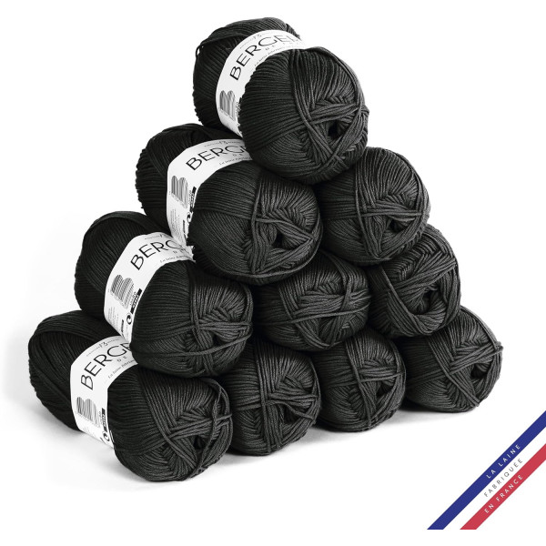 photo-10 pelotes de laine - Noir - 100% coton bio - 3mm - Tricot et crochet - Bergère de France