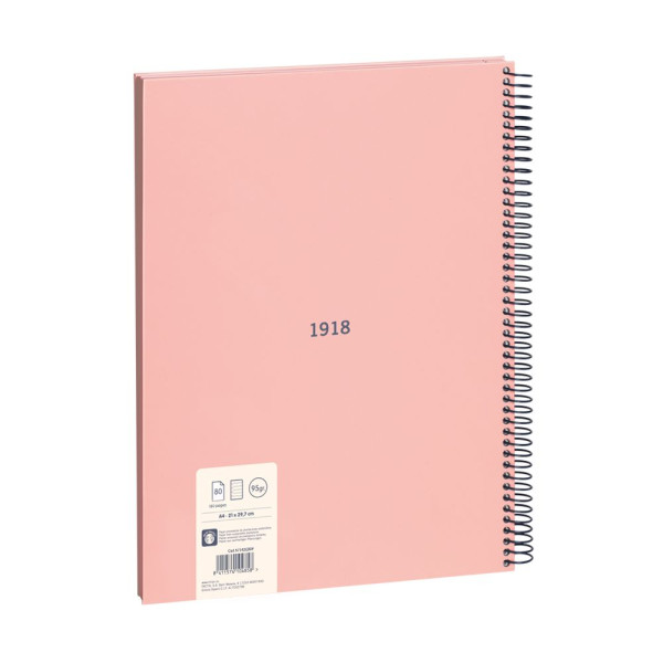 Cahier - A4 - Avec spirales - Lignes - 80 feuilles - Couverture rigide - Rose