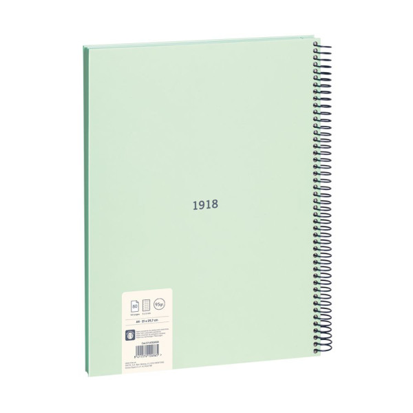 Cahier - A4 - Spirales - Petits carreaux - 80 feuilles - Couverture rigide - Vert
