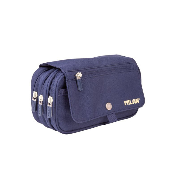photo-Trousse - Scolaire - Bleu marine - 4 compartiments - Grand format - Fermetures éclair