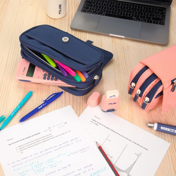 Trousse - Scolaire - Bleu marine - 4 compartiments - Grand format - Fermetures éclair