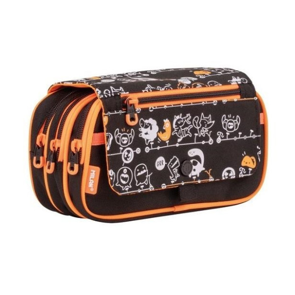 photo-Trousse - Scolaire - Noir/Orange - 4 compartiments - Grand format - Fermeture éclair