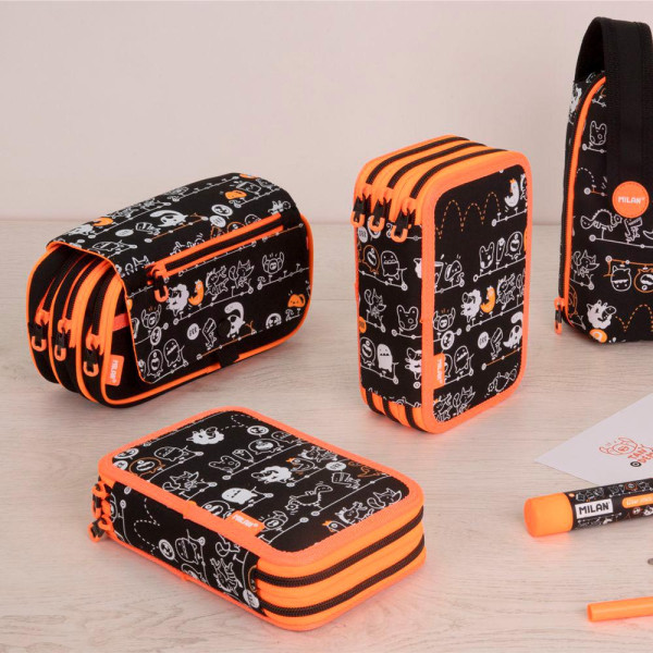 Trousse - Scolaire - Noir/Orange - 4 compartiments - Grand format - Fermeture éclair