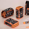 Trousse - Scolaire - Noir/Orange - 4 compartiments - Grand format - Fermeture éclair