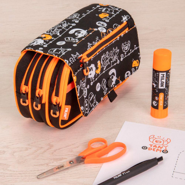 Trousse - Scolaire - Noir/Orange - 4 compartiments - Grand format - Fermeture éclair