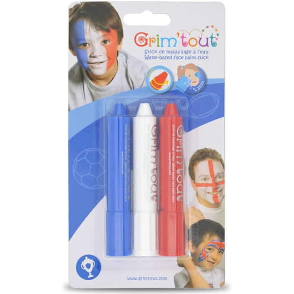 photo-Maquillage - 3 sticks - Bleu, blanc et rouge - Déguisement - Supporteur - Hypoallergénique