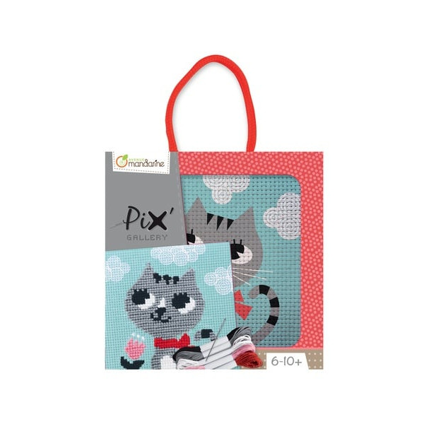 photo-Canevas - Enfant - Point de croix - Chat - 14x14xcm - Fils et aiguilles
