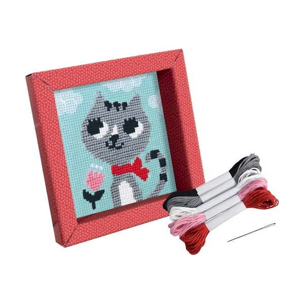 Canevas - Enfant - Point de croix - Chat - 14x14xcm - Fils et aiguilles - Avenue Mandarine
