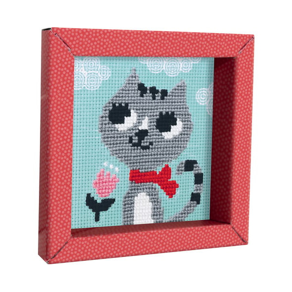 Canevas - Enfant - Point de croix - Chat - 14x14xcm - Fils et aiguilles - Avenue Mandarine