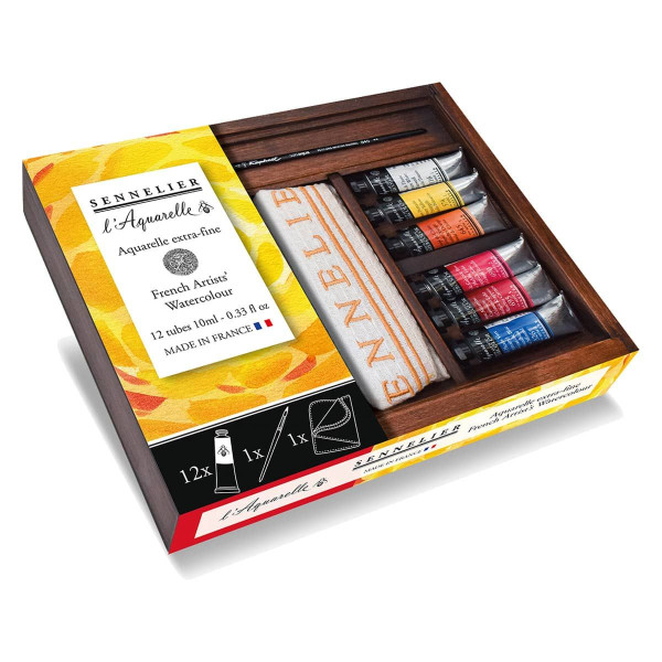 photo-Peinture aquarelle - Extra-fine - Sennelier - 12 tubes 10ml - Coffret bois