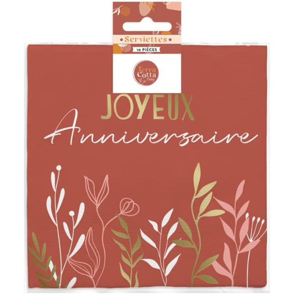photo - Lot de 10 serviettes - Joyeux anniversaire - Terracotta - 33x33cm