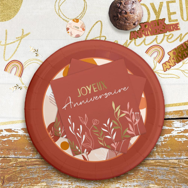 Lot de 10 serviettes - Joyeux anniversaire - Terracotta - 33x33cm