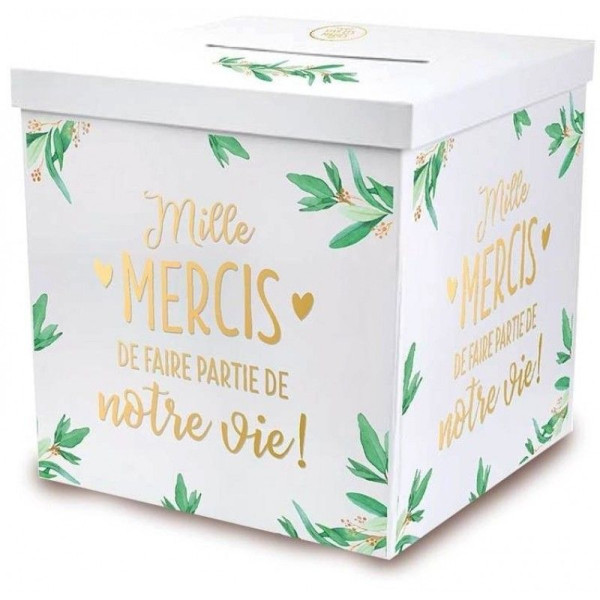 Urne - Blanche et dorée - Carré - Mille mercis - Mariage - Carton - 20x20x20cm