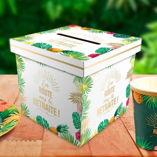 Urne - Motif tropical - Carré - Joyeuse retraite - Cagnotte - Carton - 20x20x20cm - Tropical party