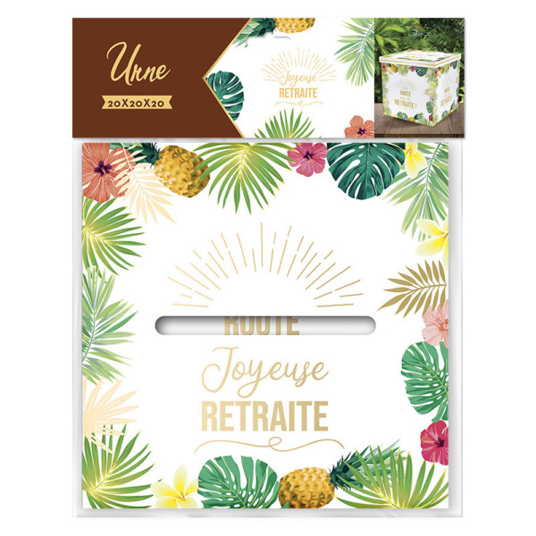 photo - Urne - Motif tropical - Carré - Joyeuse retraite - Carton - 20x20x20cm