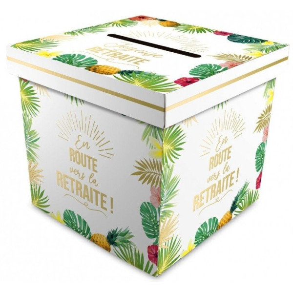 Urne - Motif tropical - Carré - Joyeuse retraite - Cagnotte - Carton - 20x20x20cm - Tropical party