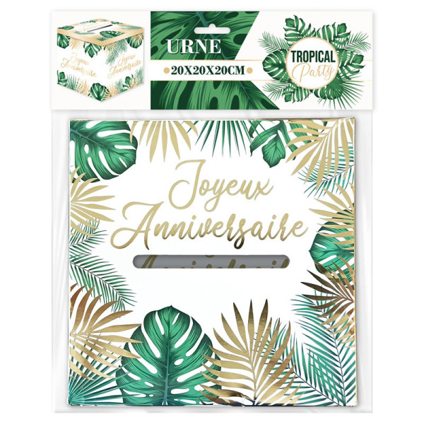 photo - Urne - Motif tropical - Carré - Joyeux anniversaire - Cagnotte - Carton - 20x20x20cm - Tropical party