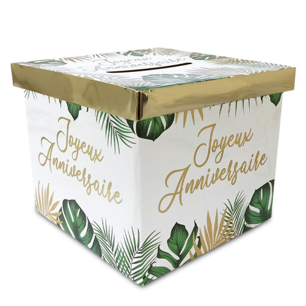 Urne - Motif tropical - Carré - Joyeux anniversaire - Cagnotte - Carton - 20x20x20cm - Tropical party