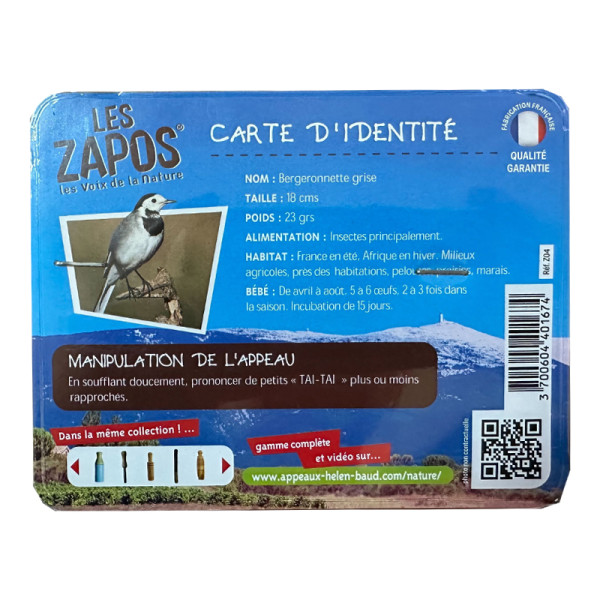 photo-Appeau - Oiseau - Bergeronnette grise - Chant oiseau - Bois - 10cm