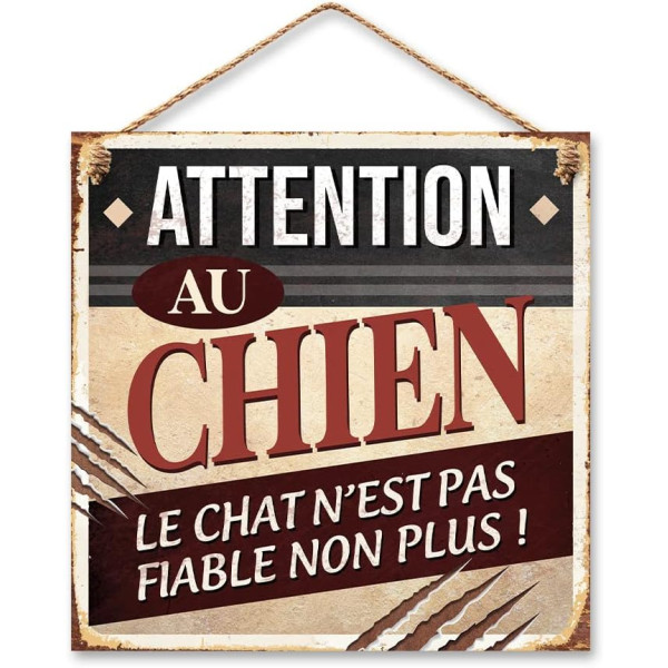 photo-Plaque vintage - Attention au chien - Métal - 20x20cm - A suspendre - Décoration