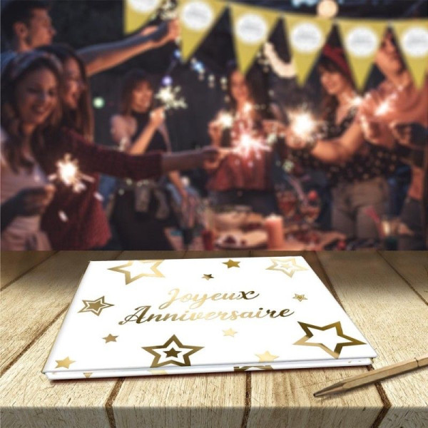 Livre d'or - Motif étoiles - Blanc et or -  Joyeux anniversaire - 20pages - 15x21cm - Party chic