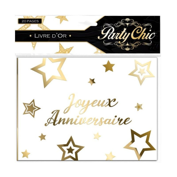 photo - Livre d'or - Motif étoiles - Blanc et or -  Joyeux anniversaire - 20pages - 15x21cm - Party chic