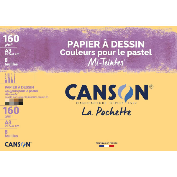 photo-Papier dessin - Canson - A3 - Mi-teintes - Couleurs pour pastel - 160g - 8 feuilles - Dessin