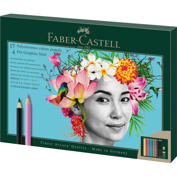 photo-Coffret - 17 crayons de couleur + 4 crayons graphite - Faber-Castell - Polychromos - Pitt Graphite Matt