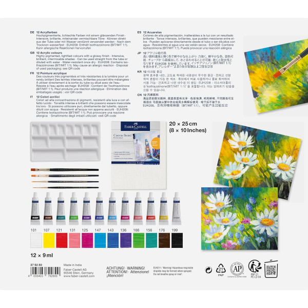 Peinture acrylique - Coffret 12 couleurs + toile 20x25cm + palette + pinceaux - Faber-Castell