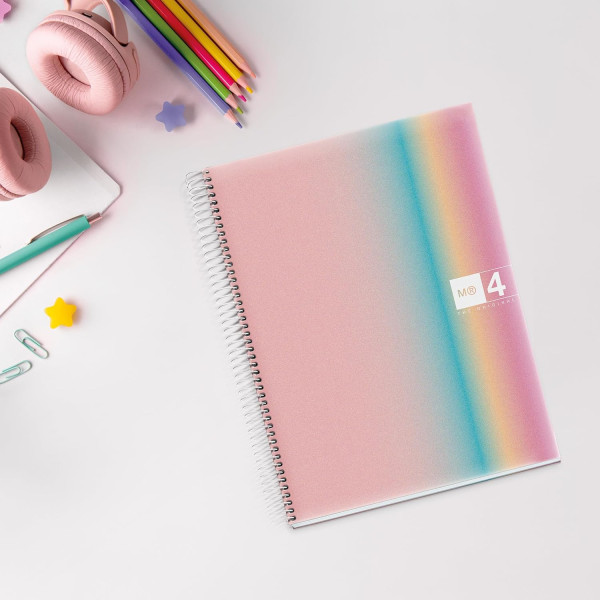 Cahier - A4 - Spirales - Lignes - Polypro - 240 pages perforées - Arc-en-ciel