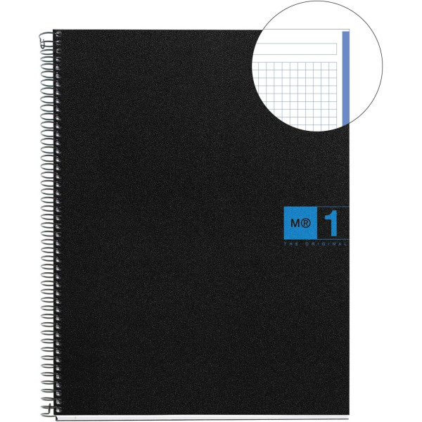 Cahier - A5 - Spirales - Petits carreaux - Polypro - 160 pages perforées - Noir/Bleu