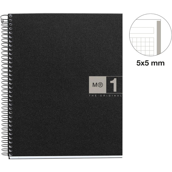 Cahier - A5 - Spirales - Petits carreaux - Polypro - 160 pages perforées - Noir/Gris