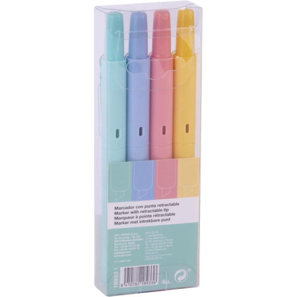 Étui de 4 surligneurs - Couleurs pastel - Rétractable - Apli