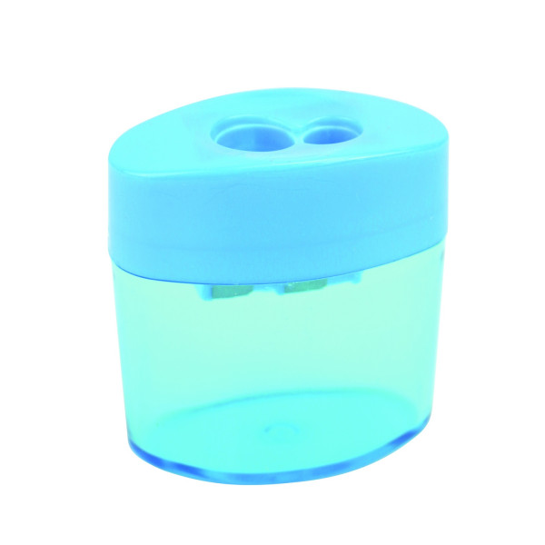 photo-Taille-crayons - 2 trous - Avec réservoir plastique - Bleu - Pour l'école