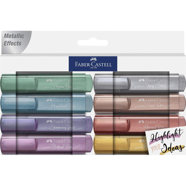photo-8 surligneurs - Bleu, vert, rose, rouge, violet, gris, jaune - Métallisée - Mine biseauté - Faber-Castell