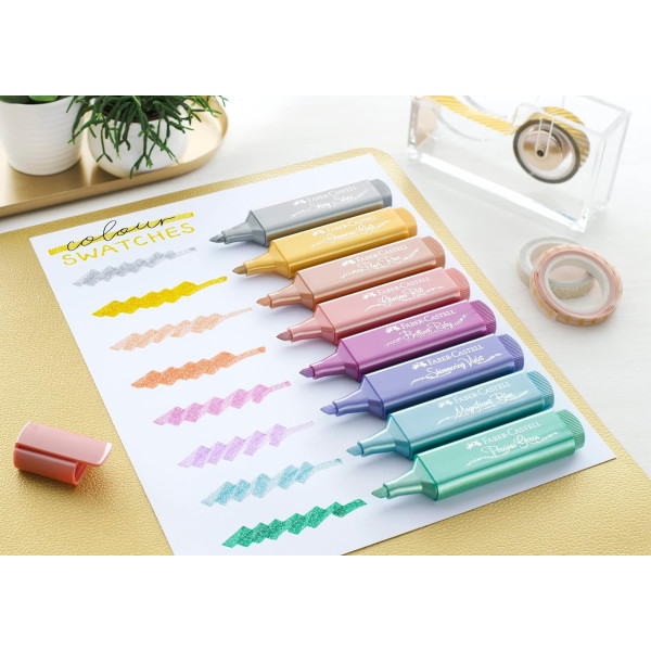 8 surligneurs - Bleu, vert, rose, rouge, violet, gris, jaune - Métallisée - Mine biseautée - Faber-Castell